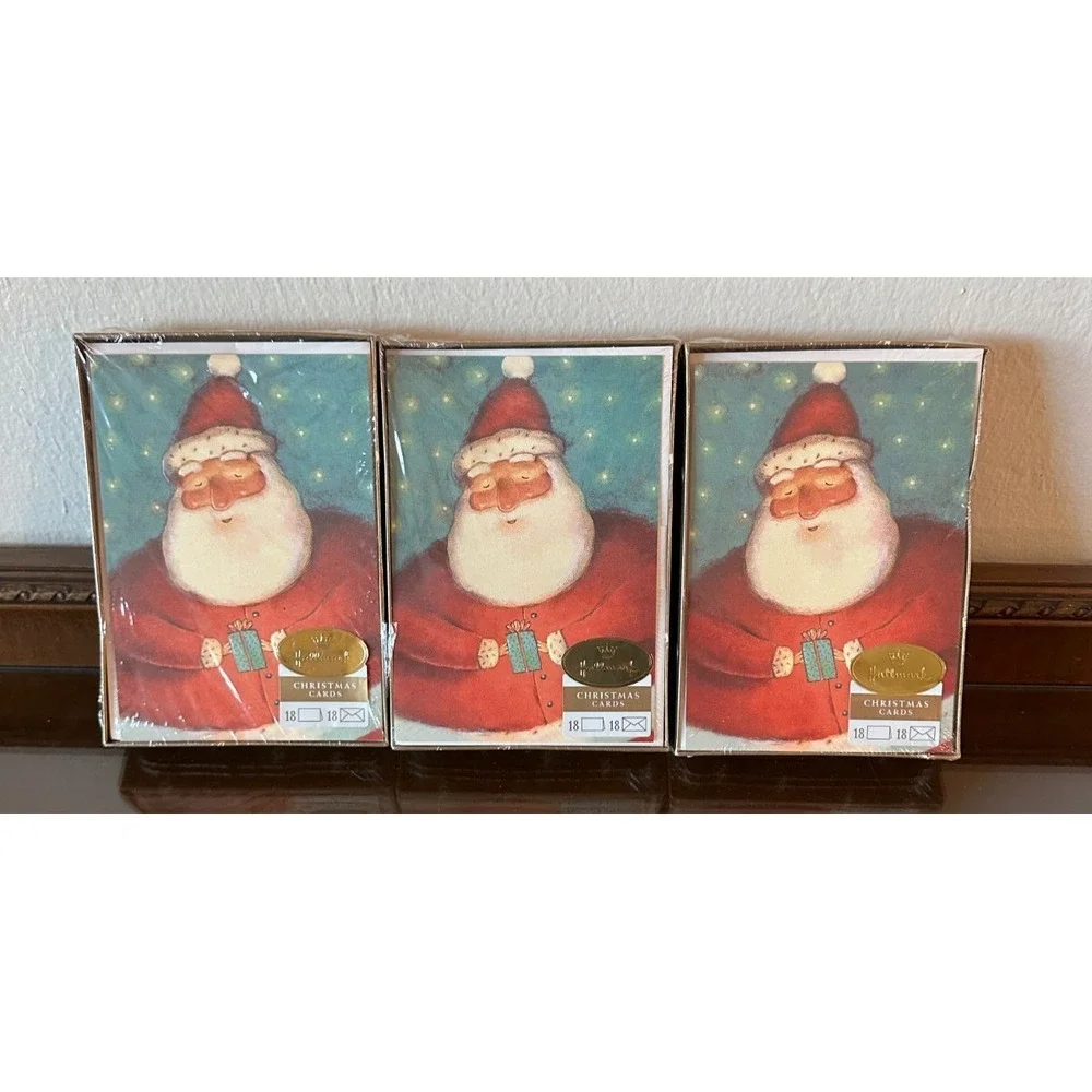 3 Vintage Hallmark Modern Folk Art Santa Holiday Boxed Cards 18‎ w/ Envelopes